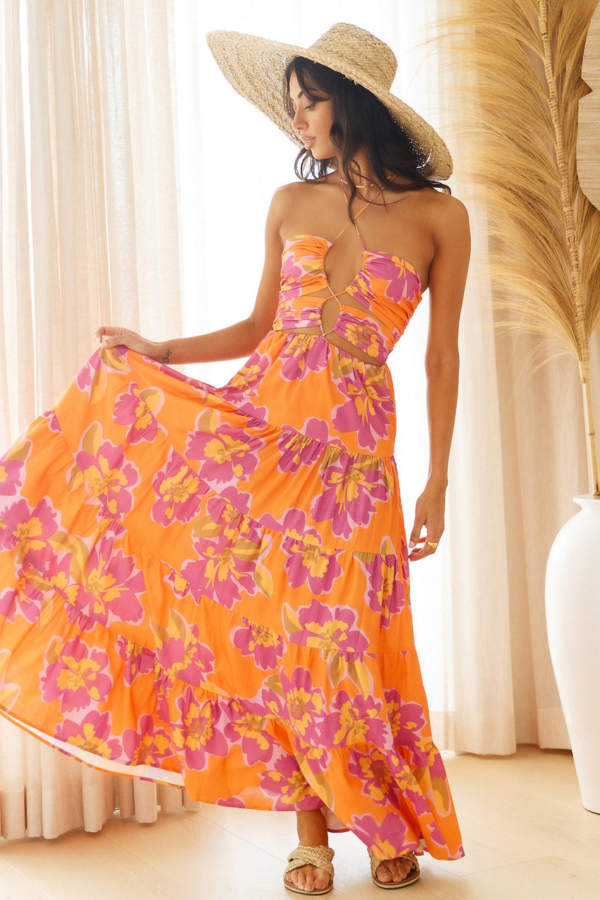 RUNAWAY THE LABEL Orchid Maxi Dress Orange Floral